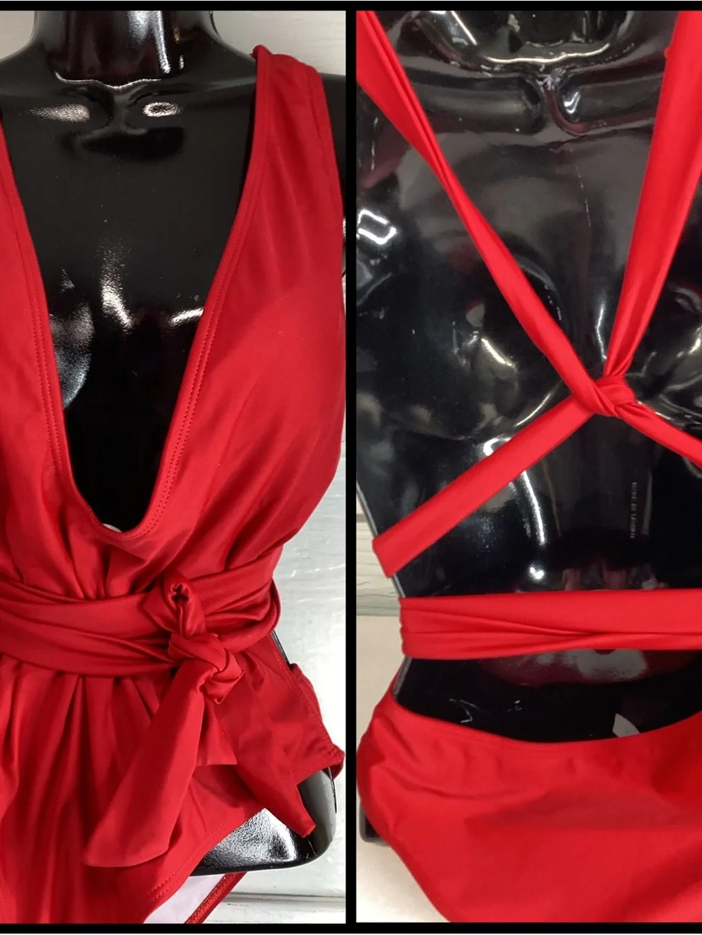 Red Deep V Wrap-Front Womens Top with Waist Tie